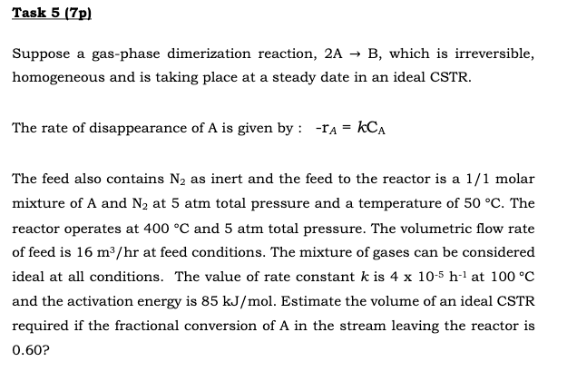 Solved Task 5 (7p) Suppose a gas-phase dimerization | Chegg.com