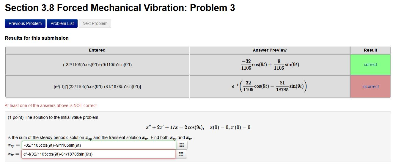 Solved Section 3.8 Forced Mechanical Vibration: Problem 3 (1 | Chegg.com