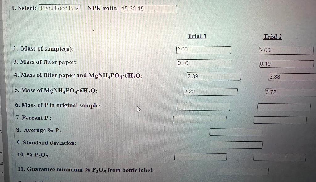 Solved 1. Select NPK ratio