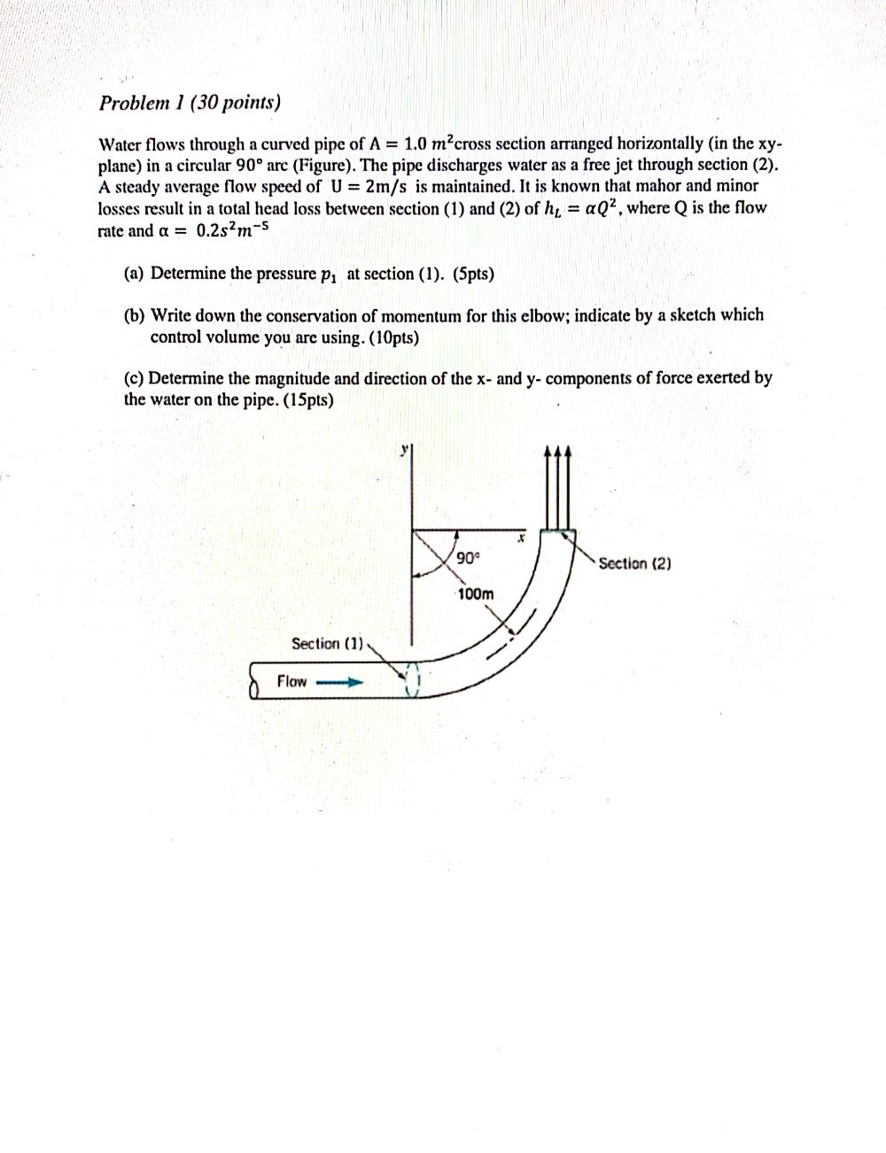 Solved Problem 1 (30 points) Water flows through a curved | Chegg.com