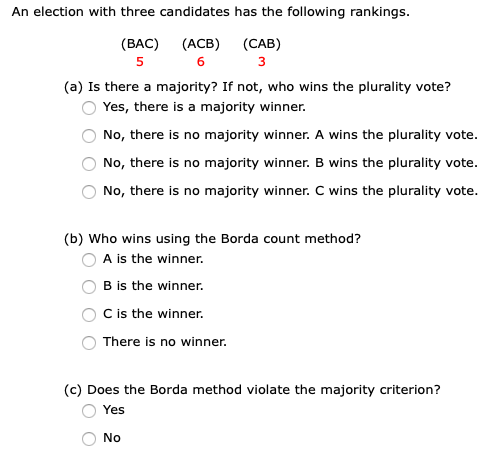 Solved An Election With Three Candidates Has The Following | Chegg.com