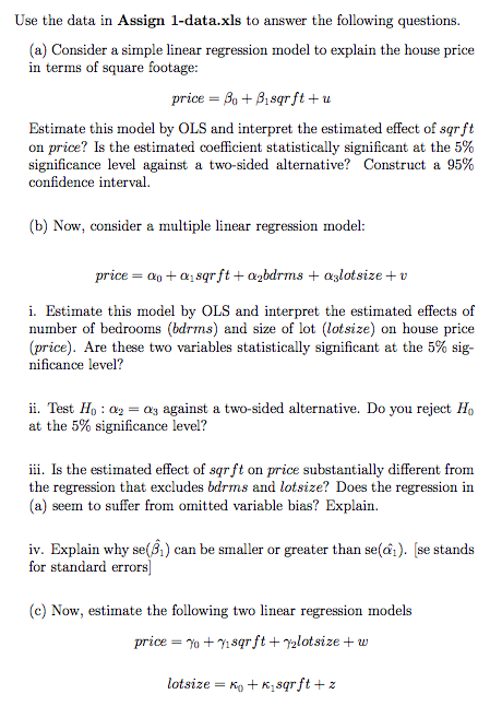 Use the data in Assign 1-data.xls to answer the | Chegg.com