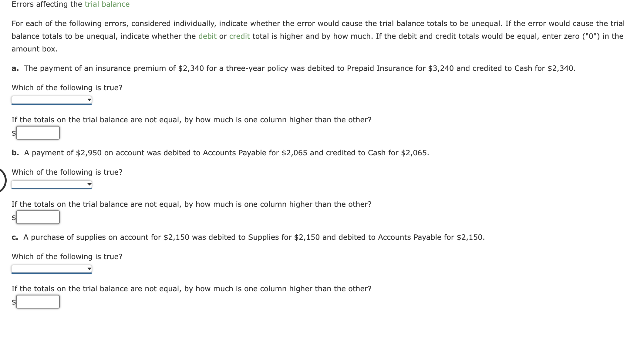 Solved Errors Affecting The Trial Balance For Each Of The | Chegg.com