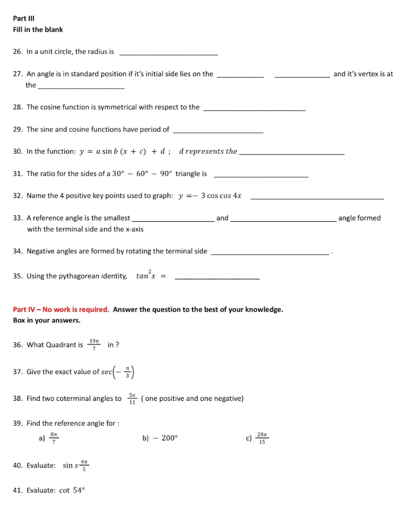 Solved Part III Fill in the blank 26. In a unit circle, the | Chegg.com
