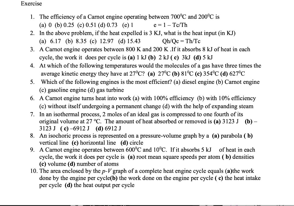 Solved Exercise 1. The efficiency of a Carnot engine | Chegg.com