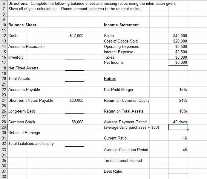 Solved 6 Directions: Complete the following balance sheet | Chegg.com