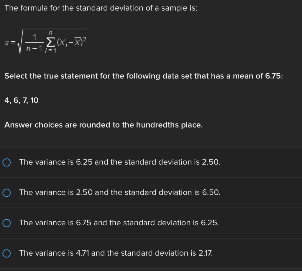 Solved The formula for the standard deviation of a sample