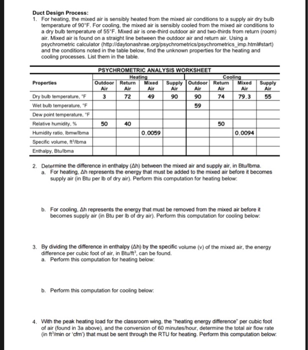Solved Duct Design Process 1. For heating, the mixed air is