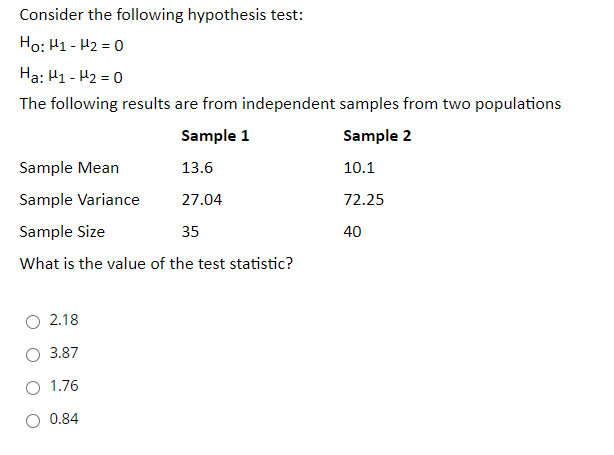 Solved Consider the following hypothesis test: Ho: H1 - H2 = | Chegg.com