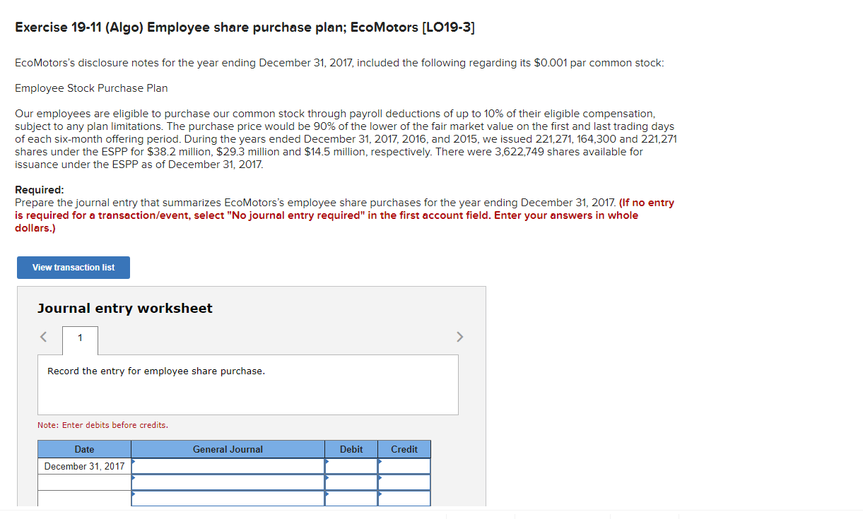 Solved Exercise 19-11 (Algo) Employee share purchase plan; | Chegg.com