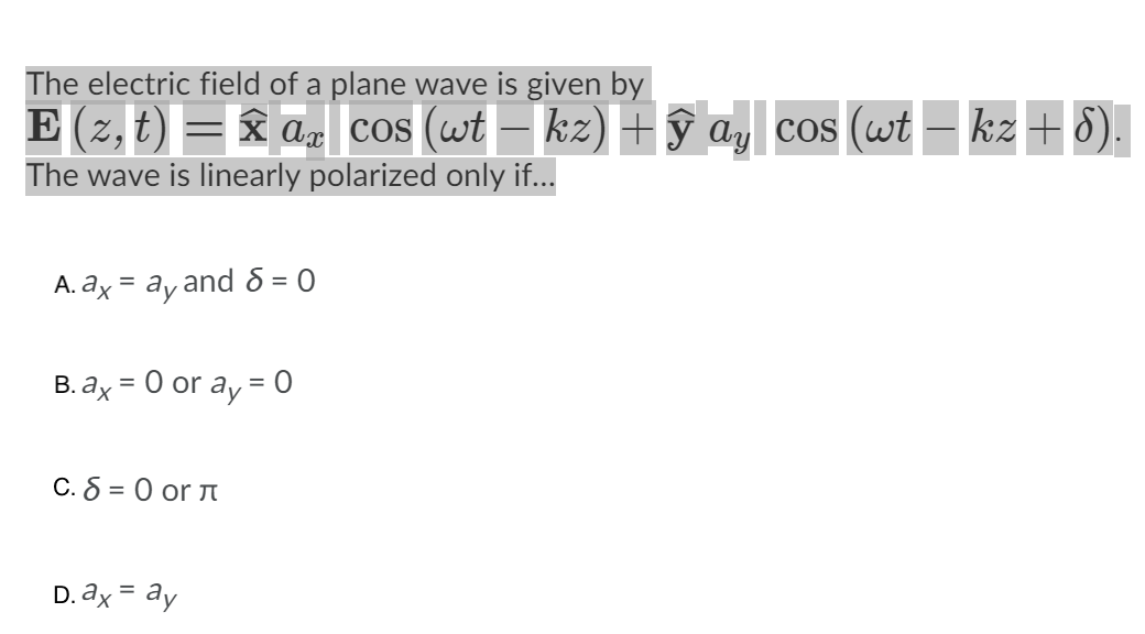 Solved The Electric Field Of A Plane Wave Is Given By E | Chegg.com