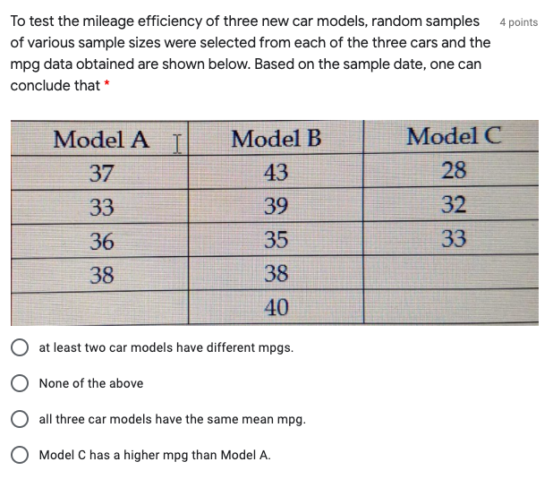 Solved To test the mileage efficiency of three new car | Chegg.com