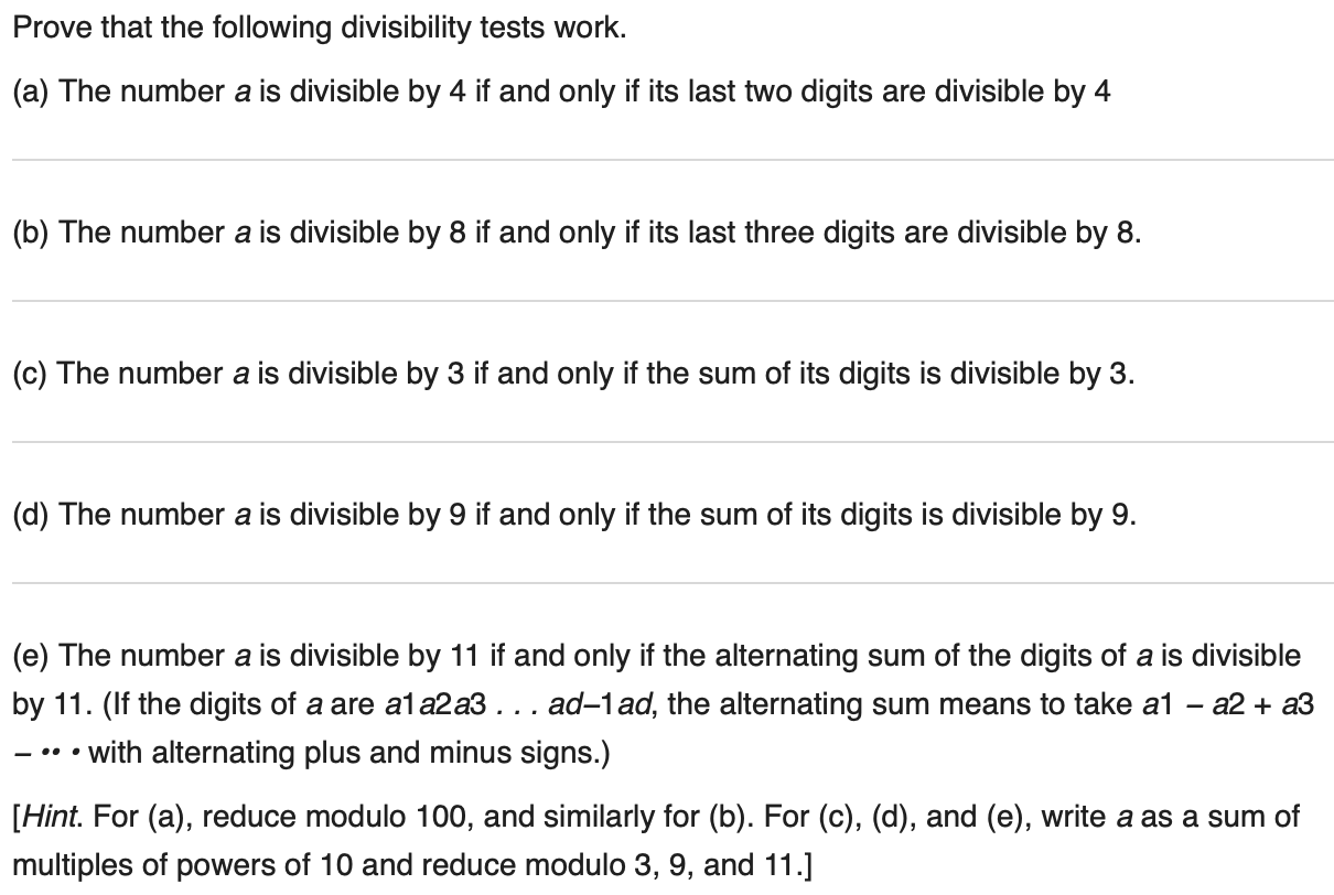 Solved Prove that the following divisibility tests work. (a) | Chegg.com