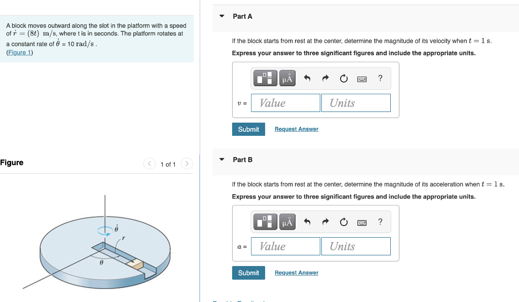 Solved A block moves outward along the slot in the platform | Chegg.com