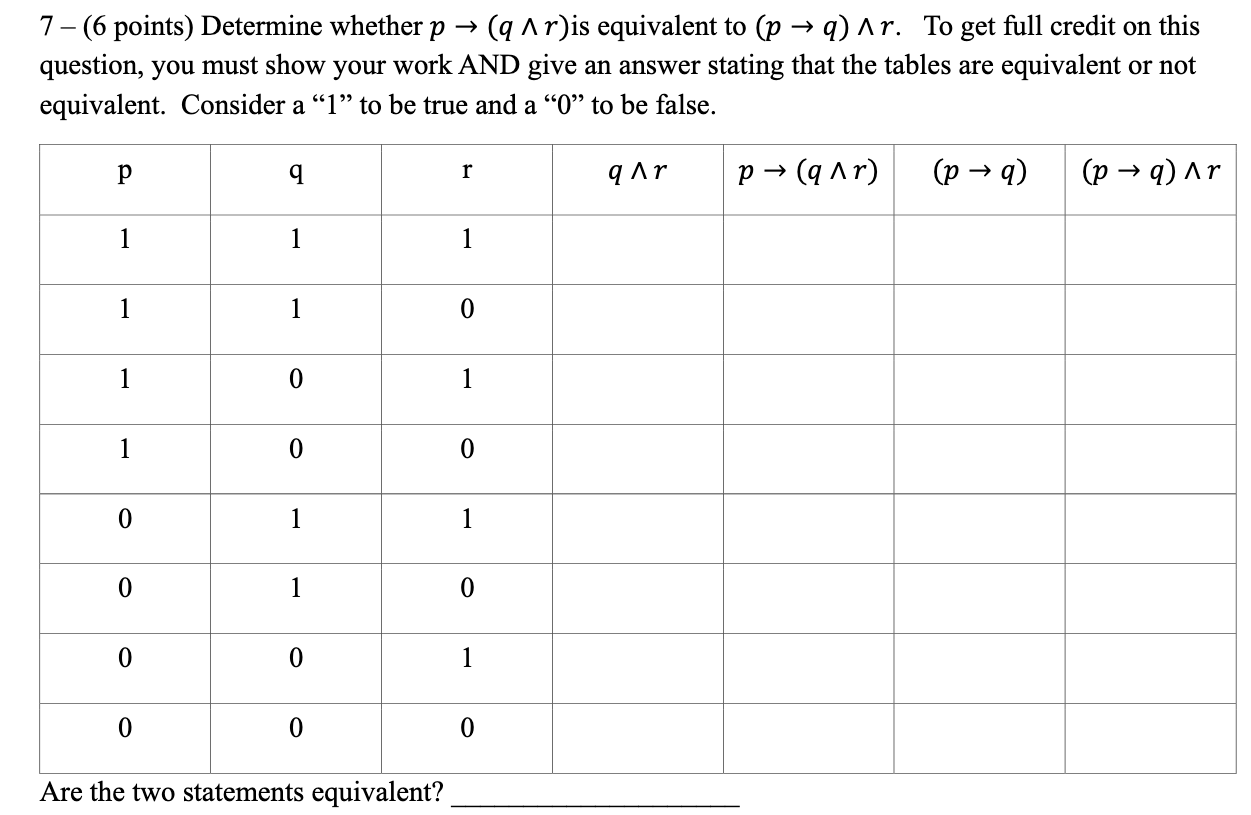 Solved 7- (6 points) Determine whether p → (q1r)is | Chegg.com