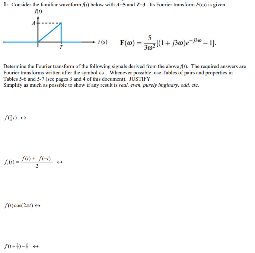 Solved 1 Consider The Familiar Waveform F T Below With Chegg Com