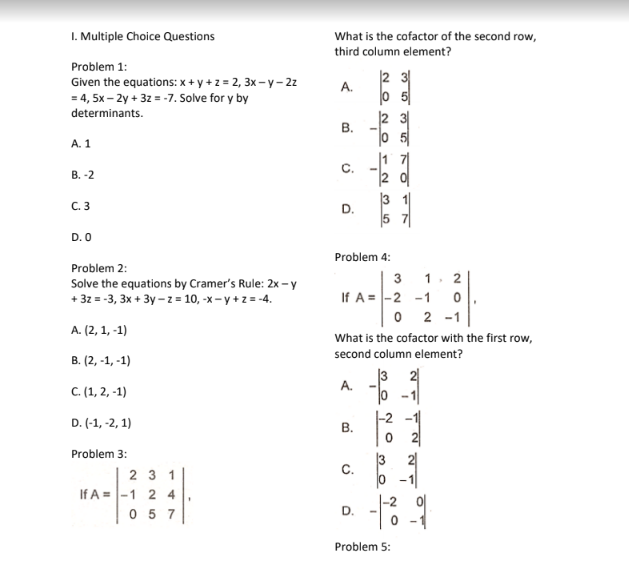 Solved 1. Multiple Choice Questions Problem 1 Given the