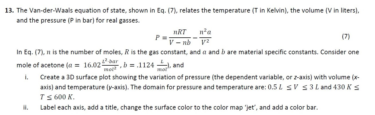 Solved P =- (7) 13. The Van-der-Waals equation of state, | Chegg.com