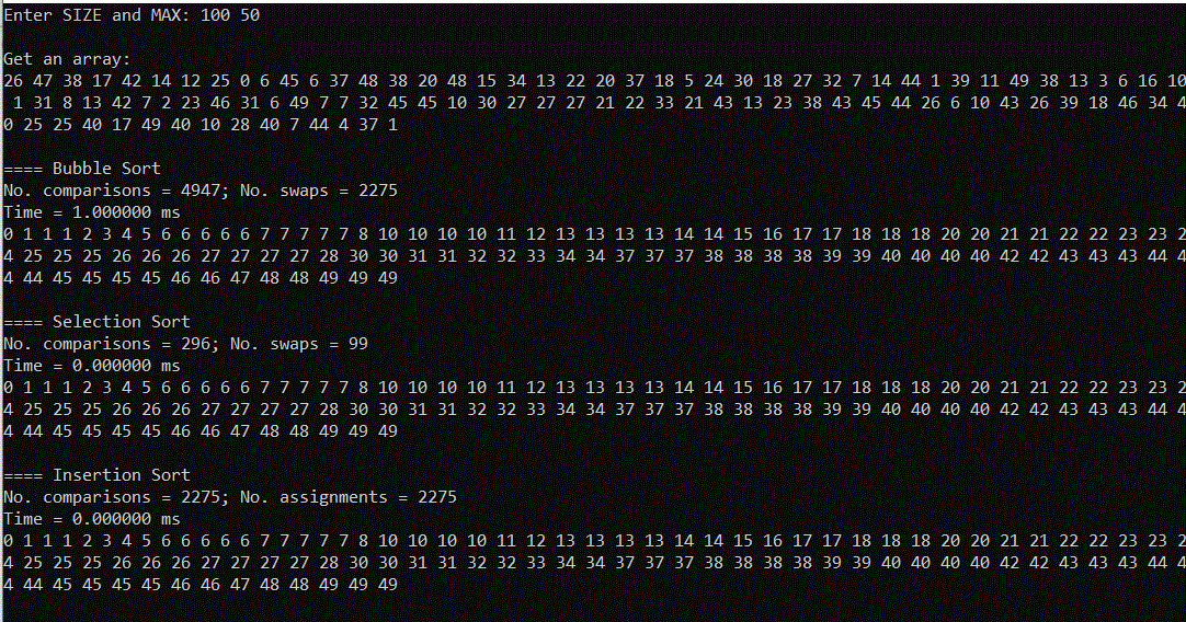 Solved below is the program for bubble sort, insertion sort, | Chegg.com