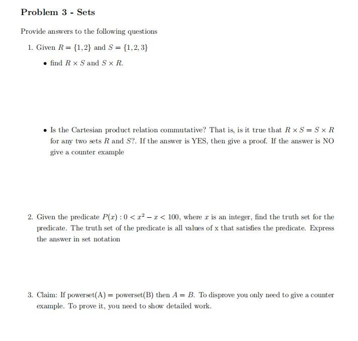 Solved Problem 3 - Sets Provide answers to the following | Chegg.com