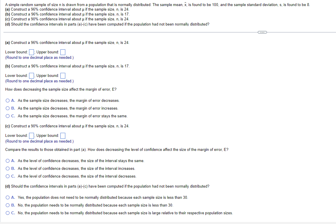 Solved (a) Construct a 96% confidence interval about μ if | Chegg.com