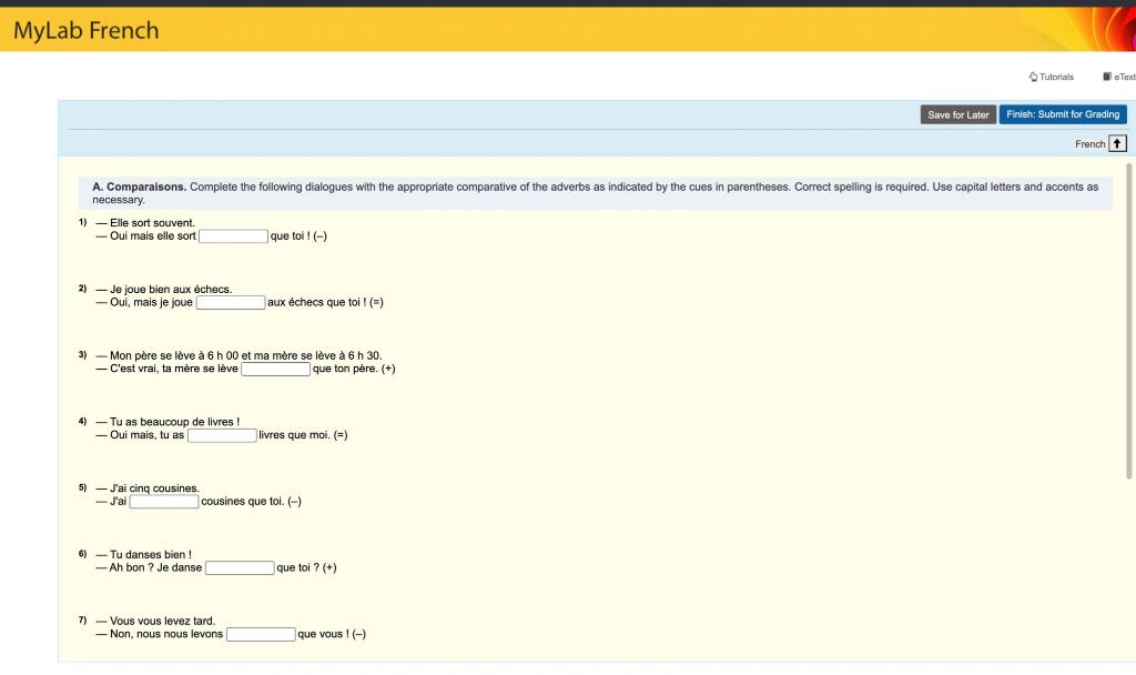 MyLab French Tutorials Text Save for Later Finish