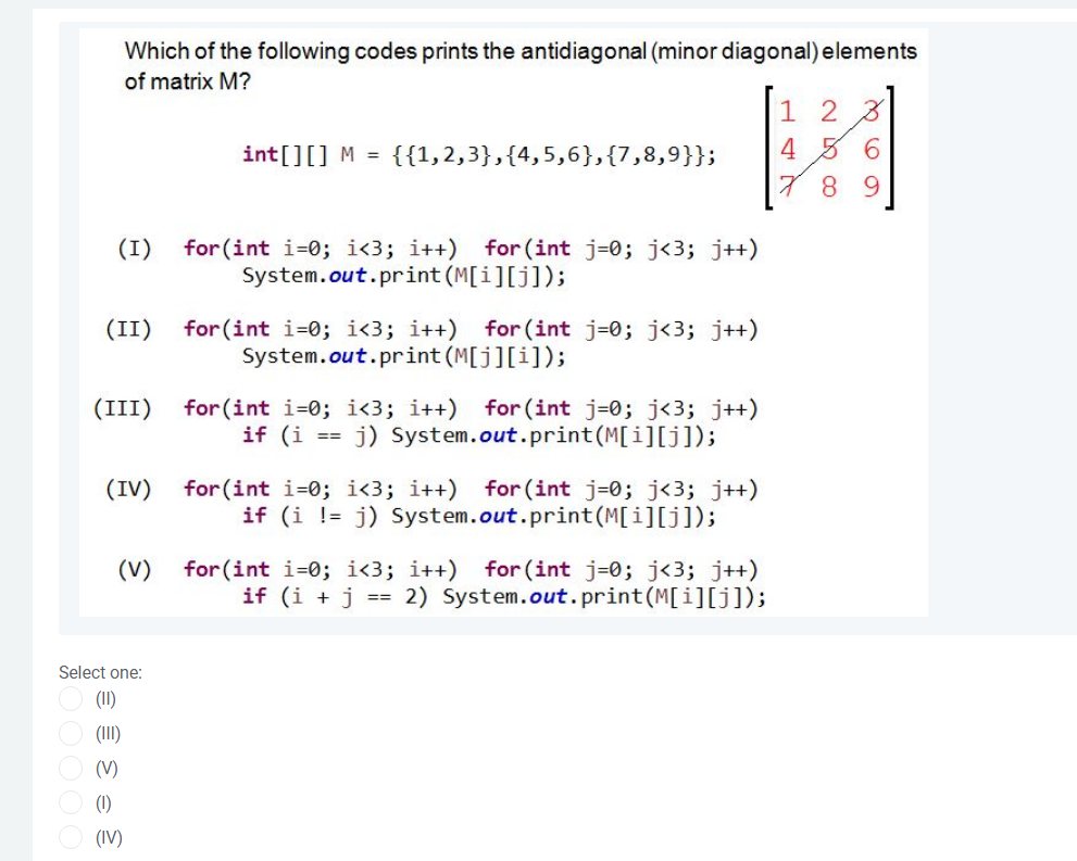 Solved Which of the following codes prints the antidiagonal | Chegg.com