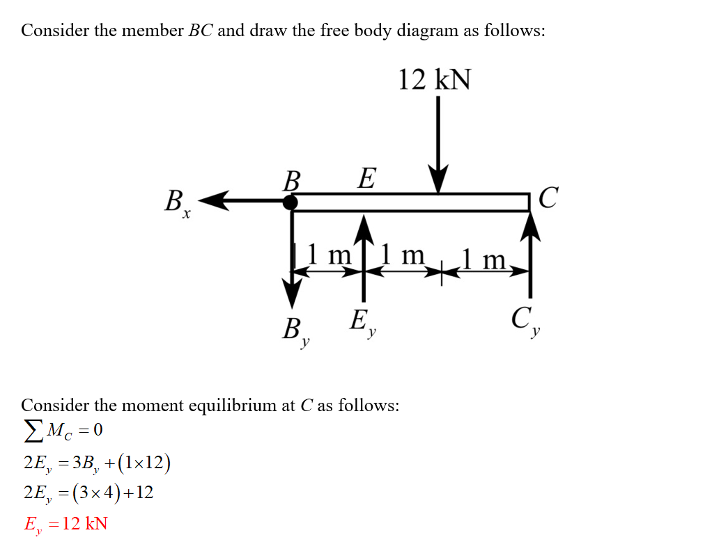 Consider the member BC and draw the free body diagram as follows: 12 kN В В Е У 1 m [1 m 1 m Consider the moment equilibrium