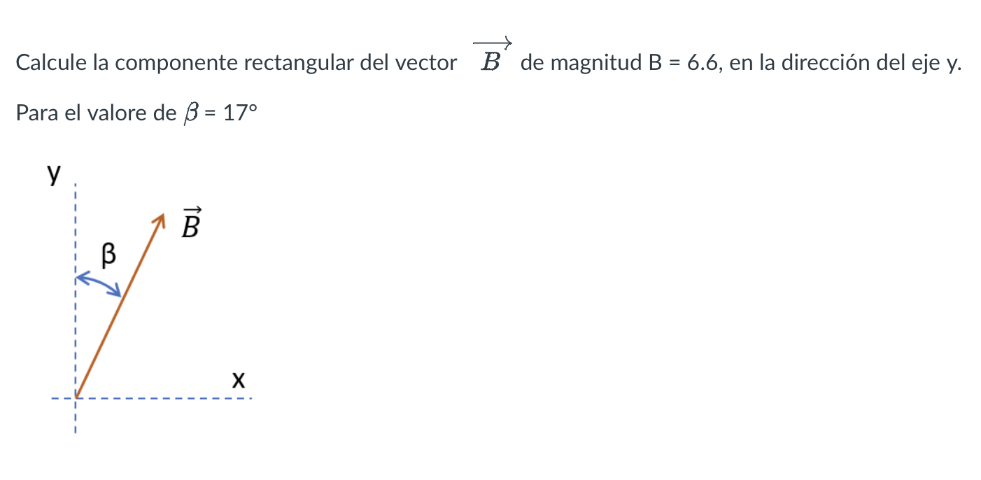 Calcule la componente rectangular del vector \( \vec{B} \) de magnitud \( B=6.6 \), en la dirección del eje y. Para el valore