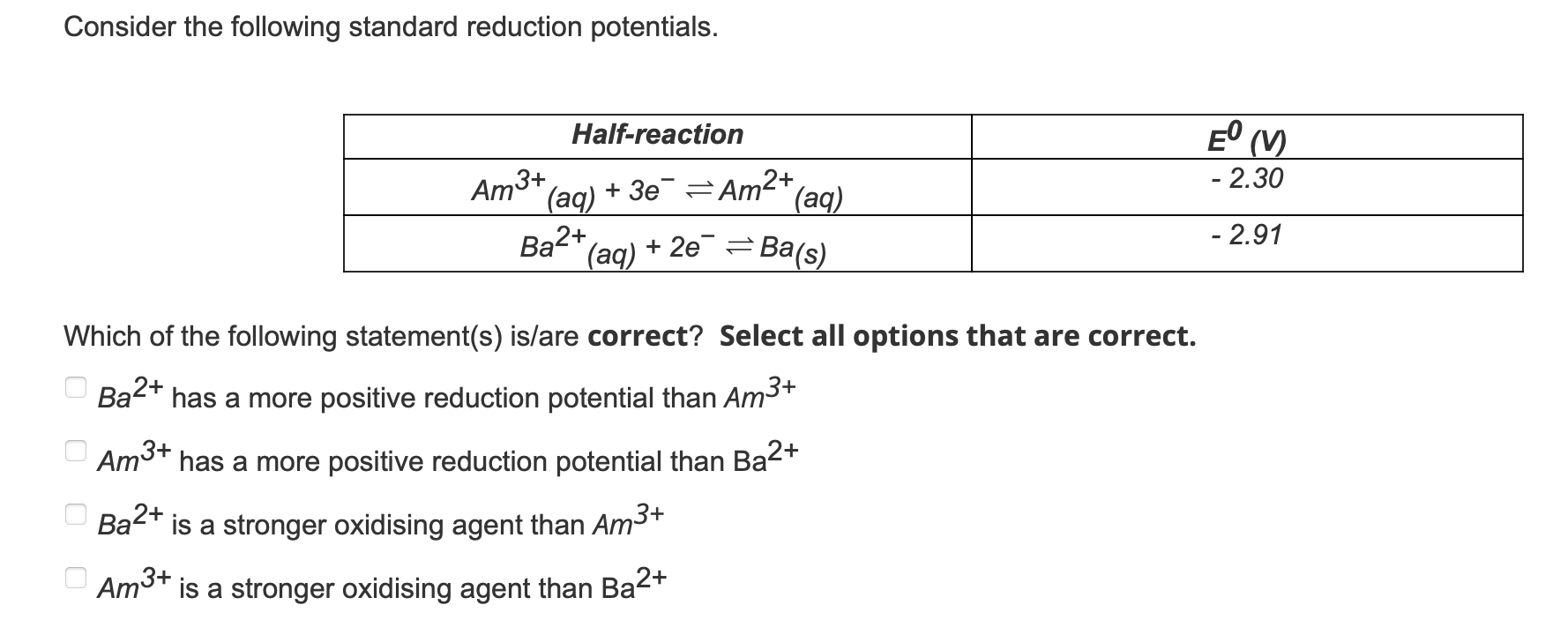Solved Consider the following standard reduction potentials. | Chegg.com