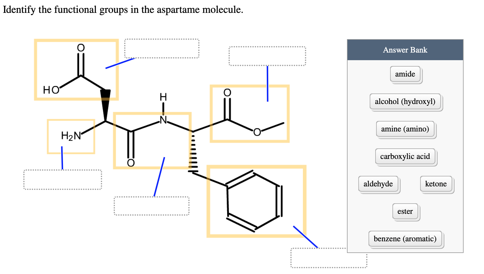 Identify the functional groups in the aspartame molecule.