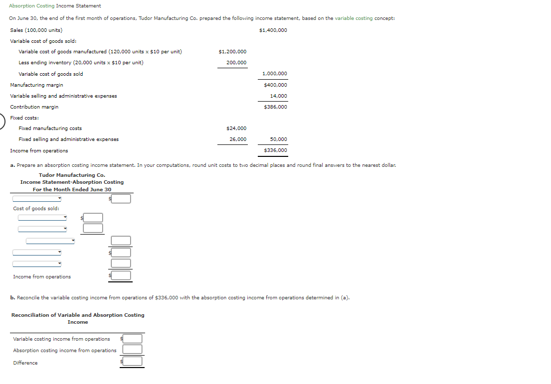 Solved Absorption Costing Income Statement On June 30, the | Chegg.com