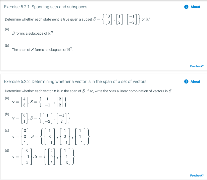 Solved Exercise 5 2 1 Spanning Sets And Subspaces About Chegg