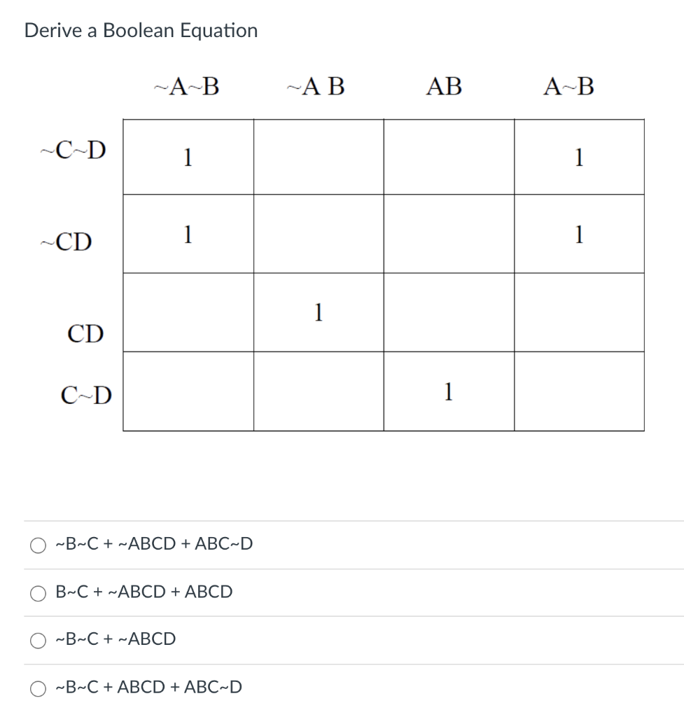 Solved Derive a Boolean Equation -A-B -AB AB A B -C-D 1 1 | Chegg.com