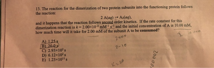Solved 13. The reaction for the dimerization of two protein | Chegg.com