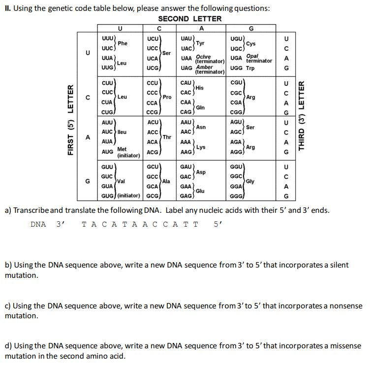 Solved Il. Using the genetic code table below, please answer | Chegg.com