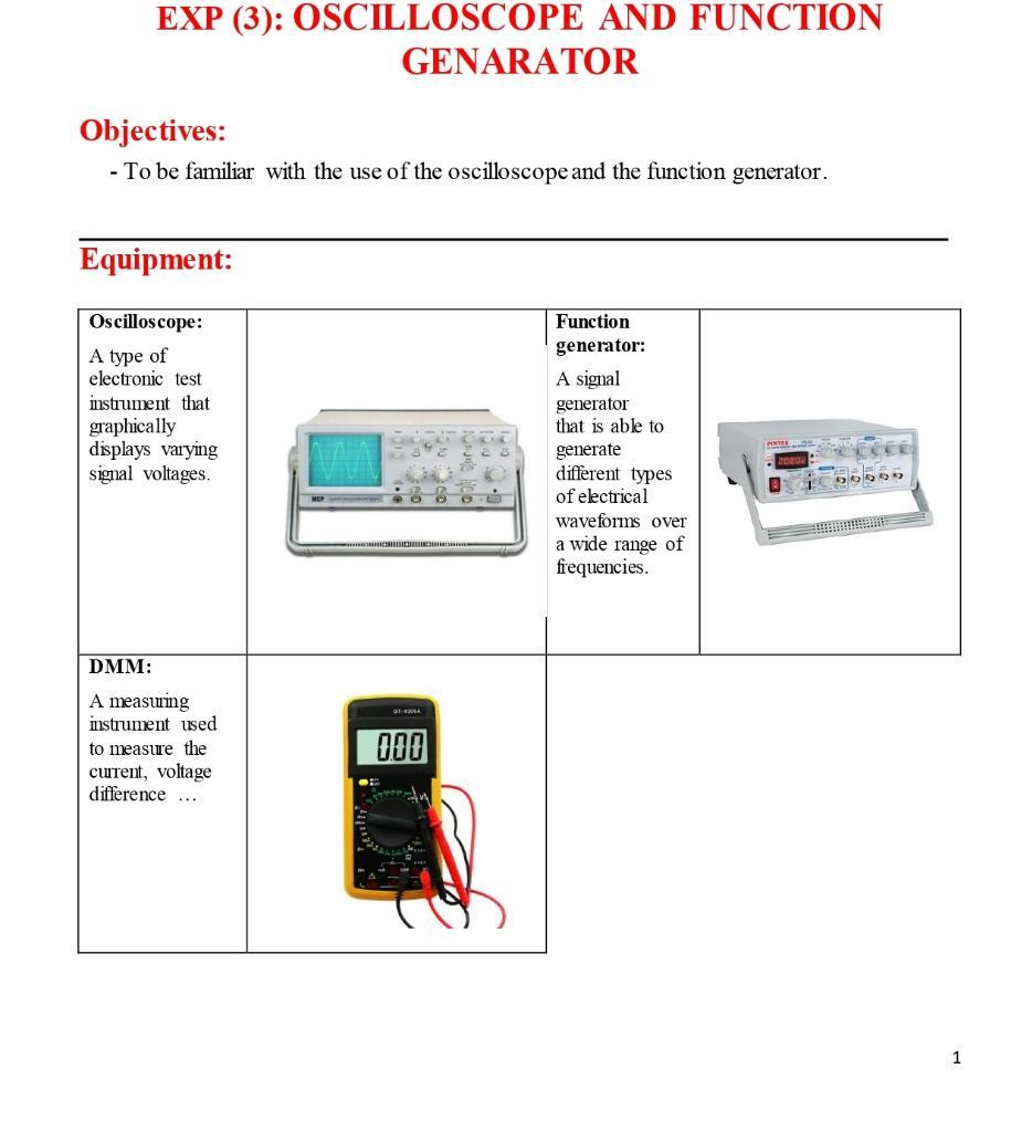 Exp. 3 The Oscilloscope And the Function Generator