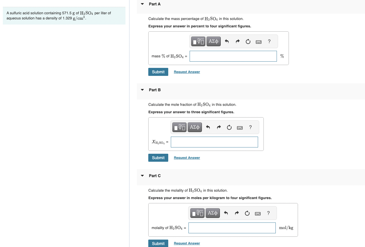 Solved A sulfuric acid solution containing 571.5 g of H2SO4
