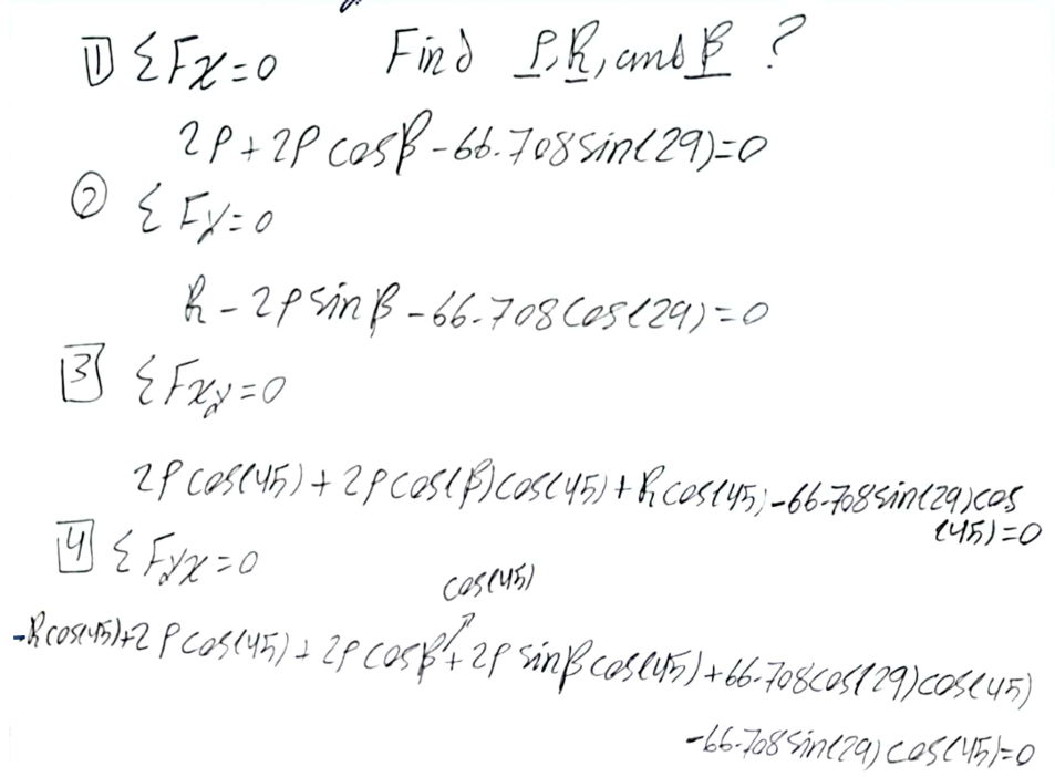 D ∑Fx=0 Find p,h, and β ? 2p+2pcosβ−66.708sin(29)=0 | Chegg.com