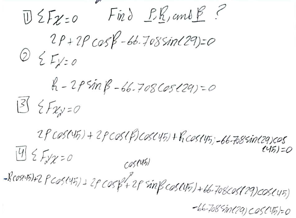 D \( \sum F_{x}=0 \) Find \( \underline{p}, \underline{h} \), and \( \underline{\beta} \) ? \( 2 p+2 p \cos \beta-66.708 \sin