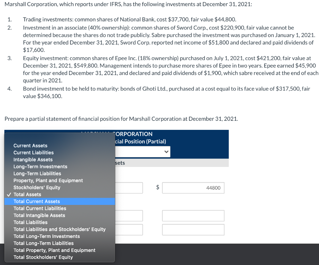 Solved Marshall Corporation, which reports under IFRS, has