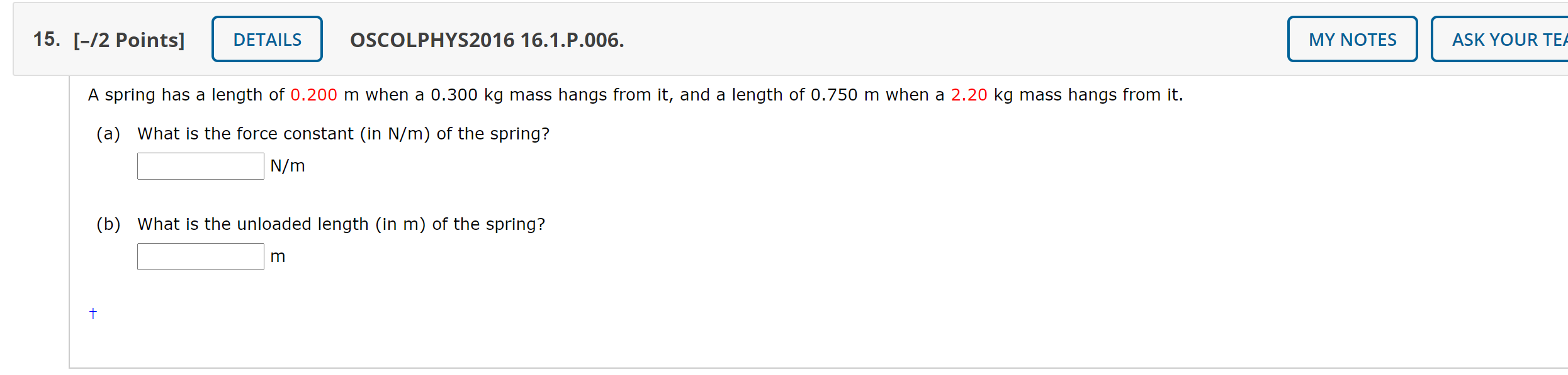 Solved 15 [ 2 Points] Details Oscolphys2016 16 1 P 006 My