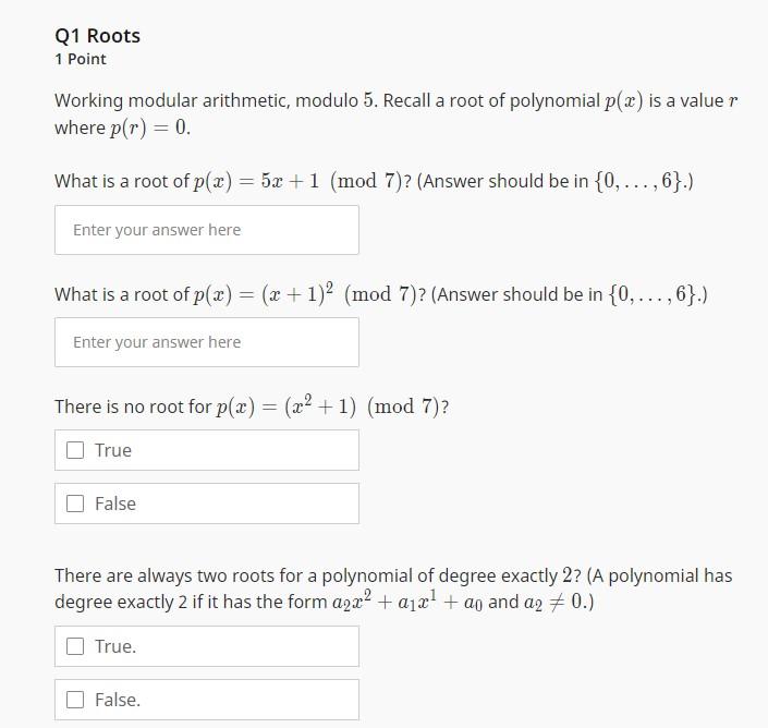 Solved Q1 Roots 1 Point Working modular arithmetic, modulo 5 | Chegg.com