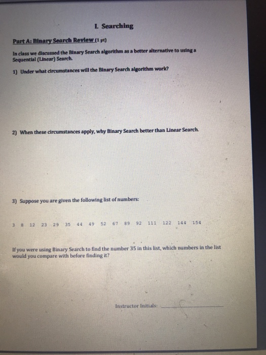 Solved L Searching Part A: Binary Search Review.ct p In | Chegg.com