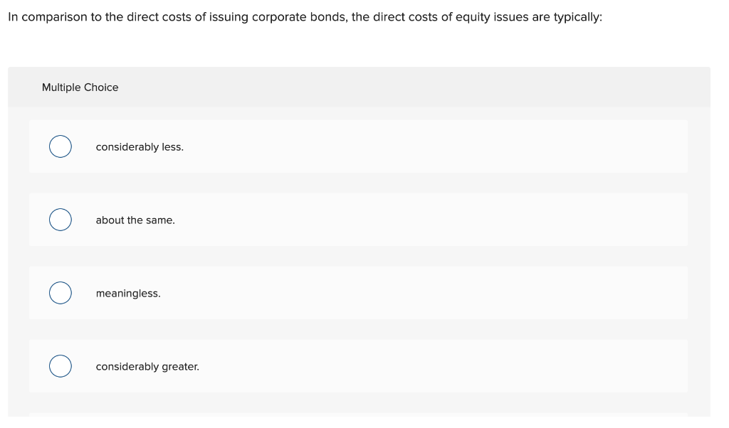 Solved In comparison to the direct costs of issuing | Chegg.com