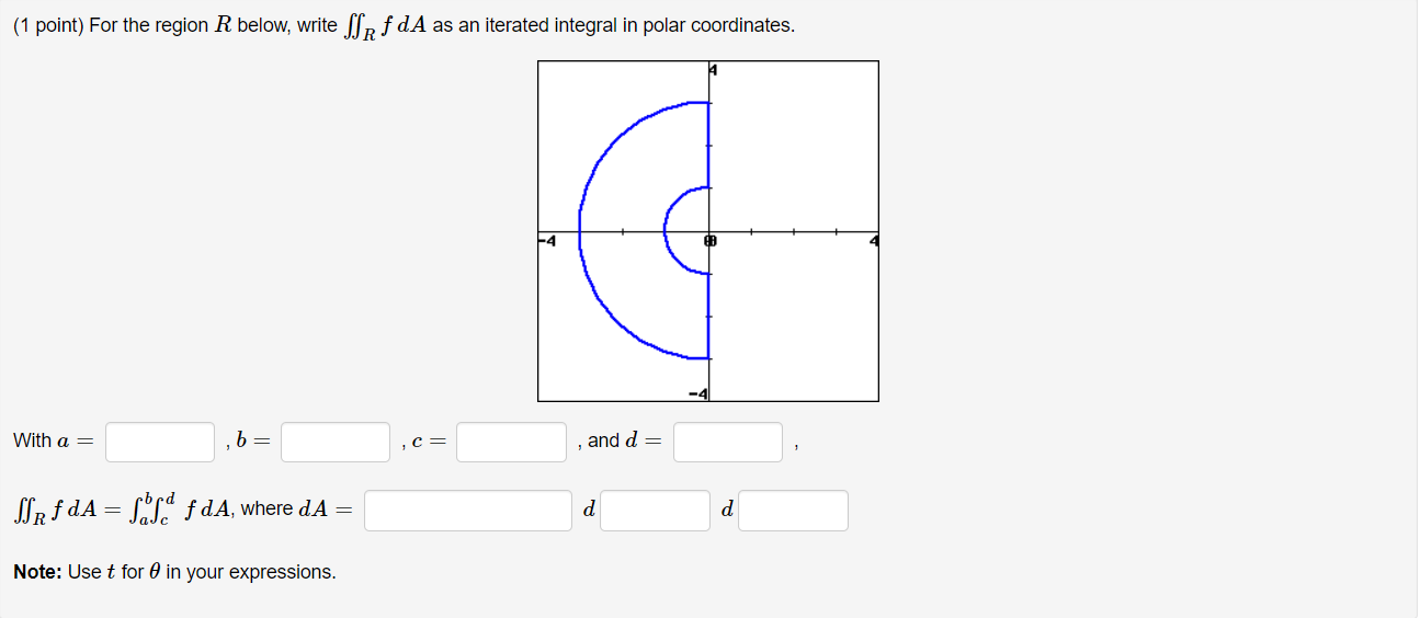Solved (1 point) For the region R below, write ∬RfdA as an | Chegg.com