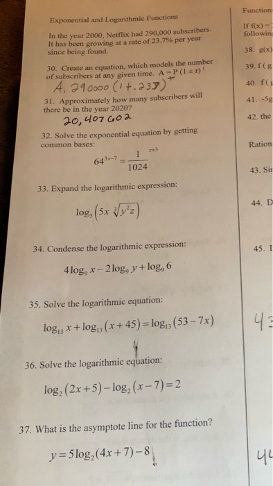 Solved Function Exponential and Logarithmic Functions In the | Chegg.com