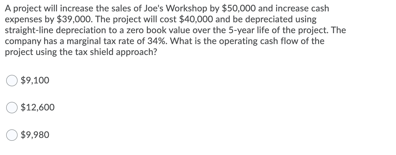 Solved A project will increase the sales of Joe's Workshop | Chegg.com