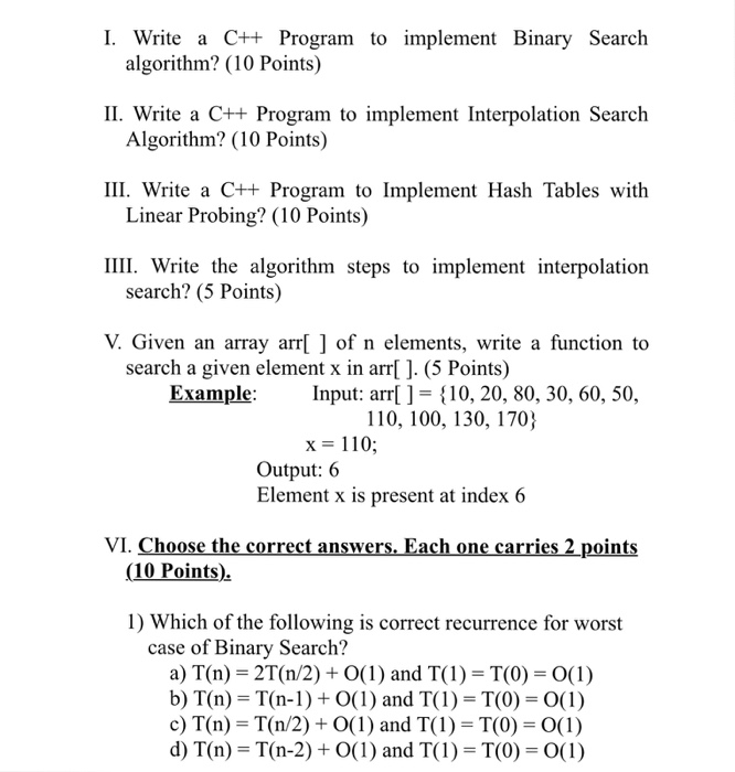 Solved I. Write a C++ Program to implement Binary Search | Chegg.com