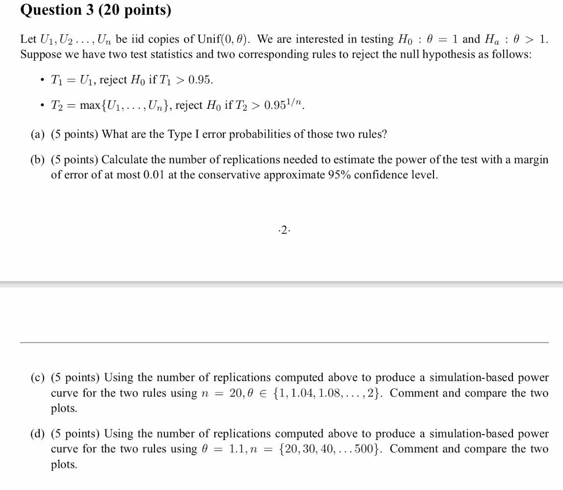 Question 3 Points Let U1 U2 Un Be Iid C Chegg Com